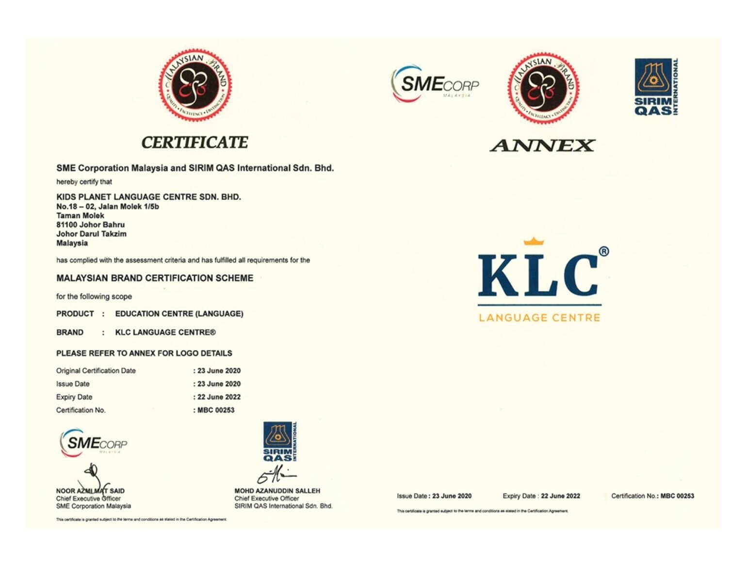 KLC Language Centre Certified by National Mark of Malaysian Brand